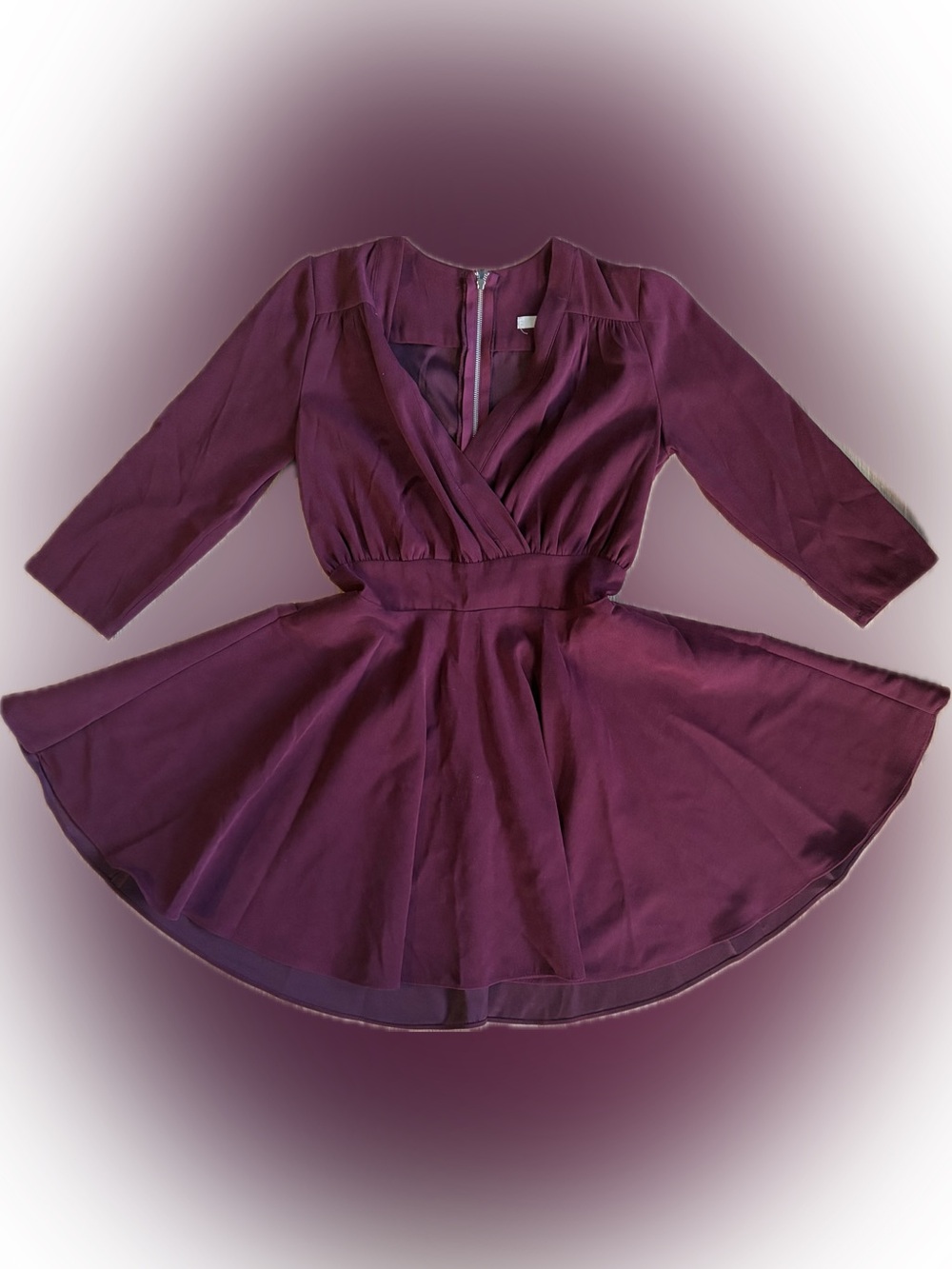 K-Fashion Wine Faux-Wrap Long Sleeve Skater Dress